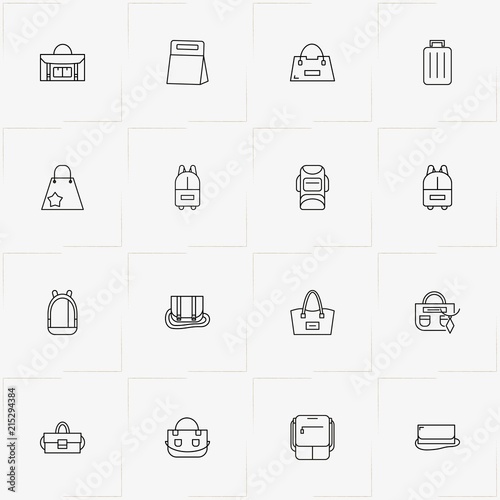 Bags line icon set with portfolio, baggage and lady bag