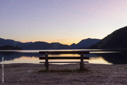 Bench on Shore of Lake Walchensee at Dusk, Kochel am See, Upper Bavaria, Bavaria, Germany photo