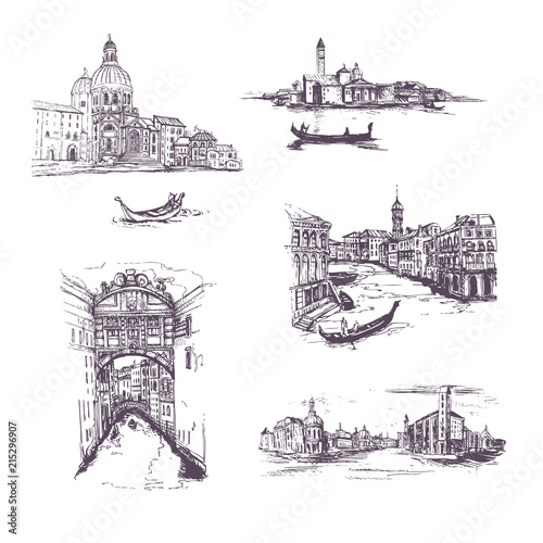 set of four  graphic sketch drawing of Rome Italy cityscape.Set of Cityscape Vector Illustration Line Sketched Up.Venice. Hand drawn sketch of European city