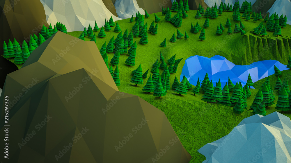 low polygonal Christmas trees and mountains. Landscape. Computer graphics