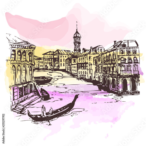 Venice.Italy.Vector illustration of the Grand Canal in Venice.City with houses and water, drawn in sketch style.Cityscape.
