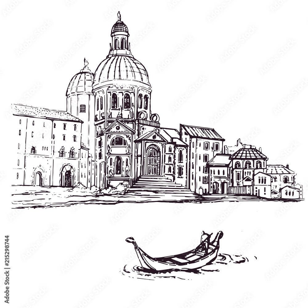 Venice - Cathedral of Santa Maria - vector sketch.The gondoliers floats with tourists. Black & white sketch.Cityscape Vector Illustration Line Sketched Up.Italy.Hand drawn sketch of European city.