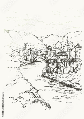 Mostar, Bosnia and Herzegovina. The Old Bridge, Stari Most, with emerald river Neretva.Cityscape Vector Illustration Line Sketched Up. Hand drawn sketch of European city on the bank of the river.