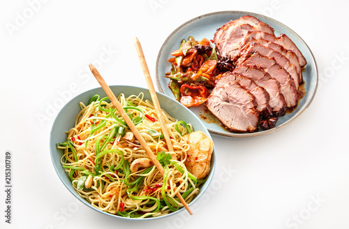 Vegetarian Asian Noodle Dish and Roast Pork photo