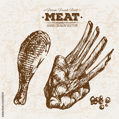 Hand drawn sketch steak meat products set