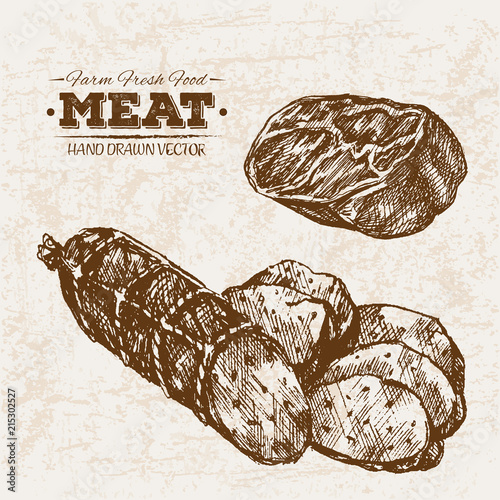 Hand drawn sketch steak meat products set