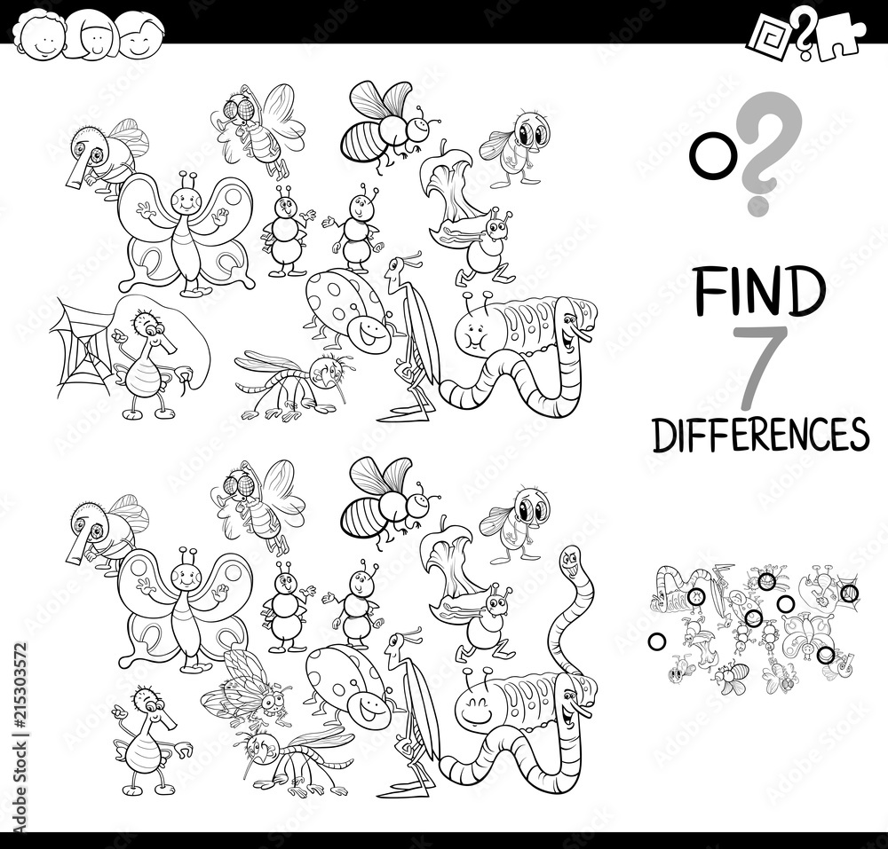 differences game with insects color book