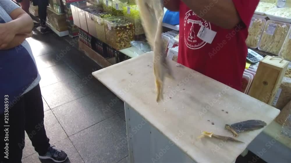 Cutting Fish For Sale At Market Stand Near People - Handheld 