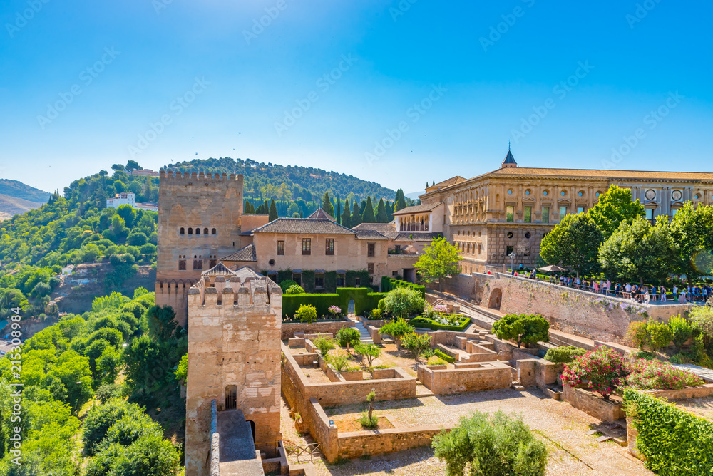 Aerial view of the Alhambra in Granada, Andalusia, Spain. - obrazy, fototapety, plakaty 