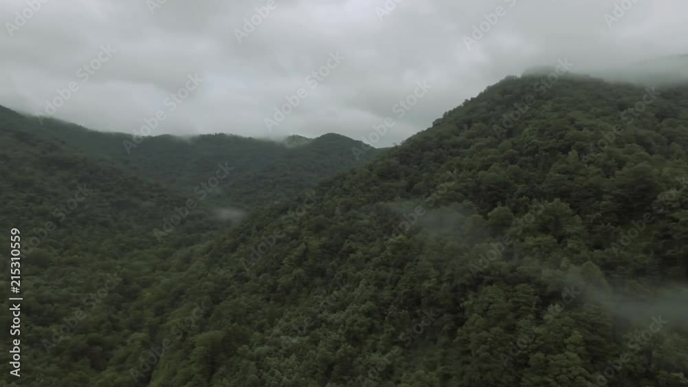 Clouds in the green mountains. Some clouds are at the level of the mountain. A drone flies over the scene quietly during the morning. Clouds in the green mountains. Some clouds are at the level of the mountain. A drone flies over the scene quietly during the morning.