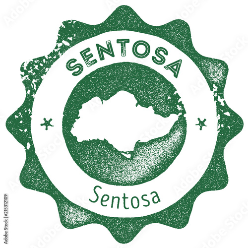 Sentosa map vintage stamp. Retro style handmade label, badge or element for travel souvenirs. Dark green rubber stamp with island map silhouette. Vector illustration.