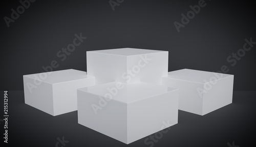Vignette version of a set of four white square platforms with black background, studio, 3D render.