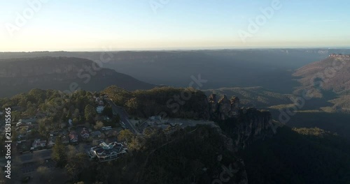 Regional Australian town Katoomba with famous Echo point lookout in Blue Mountains overlooking natural landmark cliffs Three Sisters.
 photo