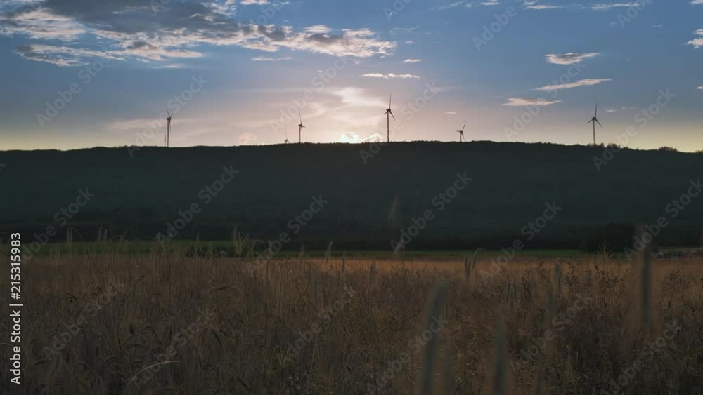 Wind energy turbines silhouette at sunset, renewable electric energy source near wheat field. Beautiful background image taken at sunset in 4K UHD Wind energy turbines silhouette at sunset, renewable electric energy source near wheat field. Beautiful background image taken at sunset in 4K UHD