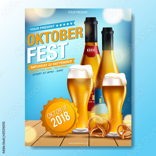 Advertisement poster template of Oktoberfest beer party with different objects related with beer festival