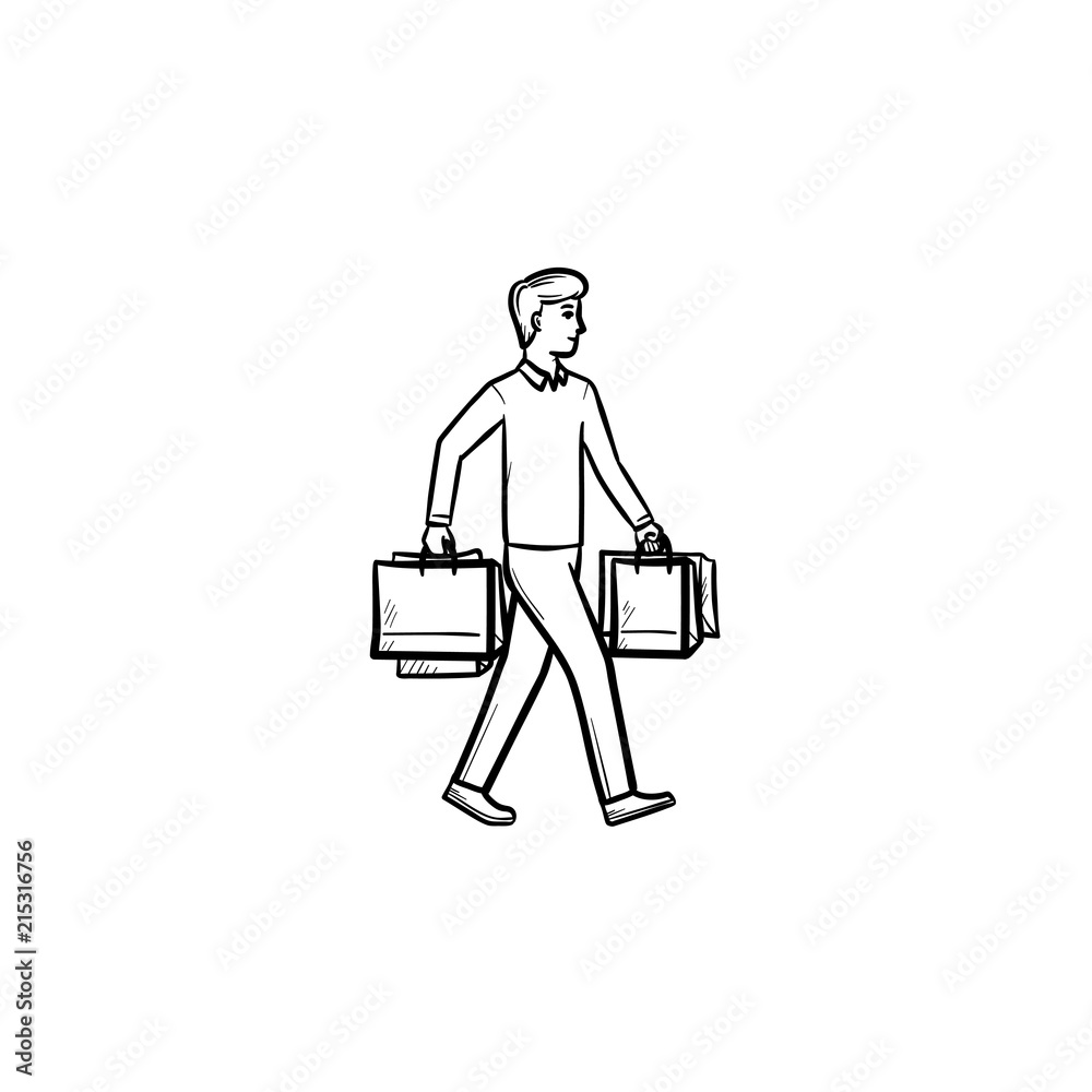 Shopper carrying shopping bags hand drawn outline doodle icon. Purchase, retail customer, store sale concept. Vector sketch illustration for print, web, mobile and infographics on white background.
