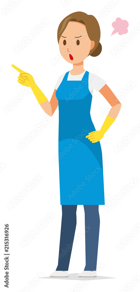 A woman wearing a blue apron and rubber gloves is angrily pointing to a finger A woman wearing a blue apron and rubber gloves is angrily pointing to a finger
