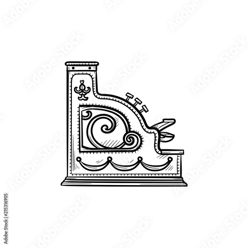 Antique cash register machine hand drawn outline doodle icon. Vintage retro shopping, antique market concept. Vector sketch illustration for print, web, mobile and infographics on white background.