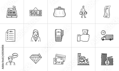 Shopping and paying hand drawn outline doodle icon set. Outline doodle icon set for print, web, mobile and infographics. E-commerce, shop vector sketch illustration set isolated on white background.