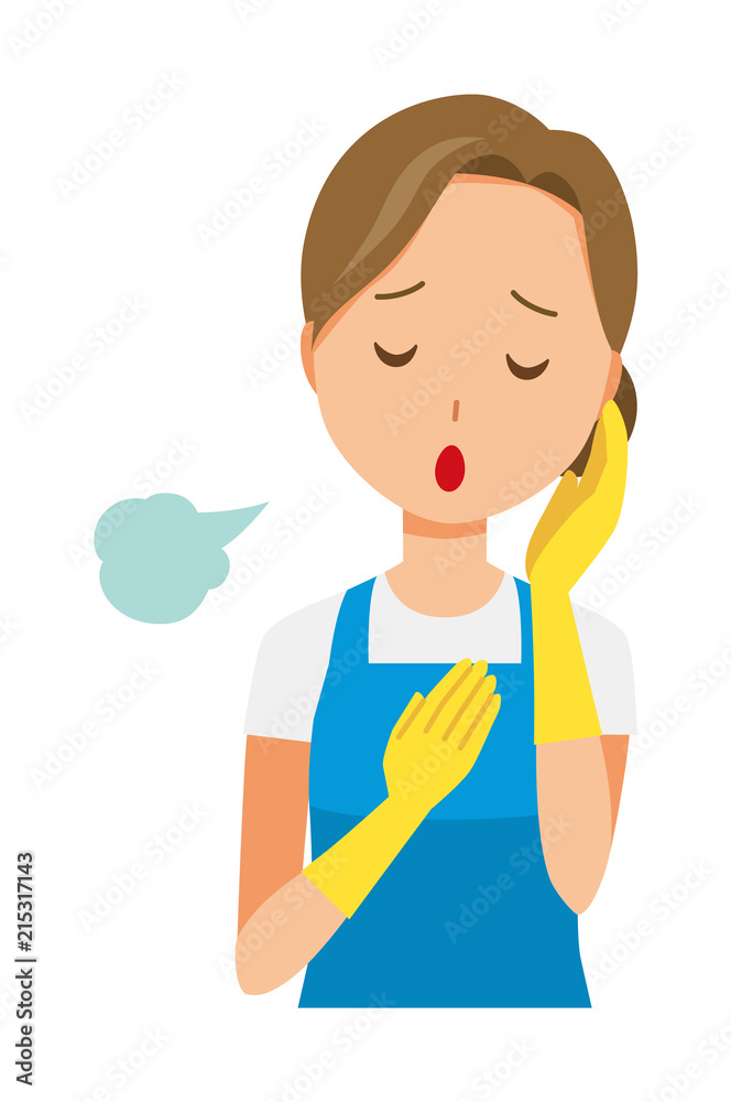 A woman wearing a blue apron and rubber gloves is sighing A woman wearing a blue apron and rubber gloves is sighing