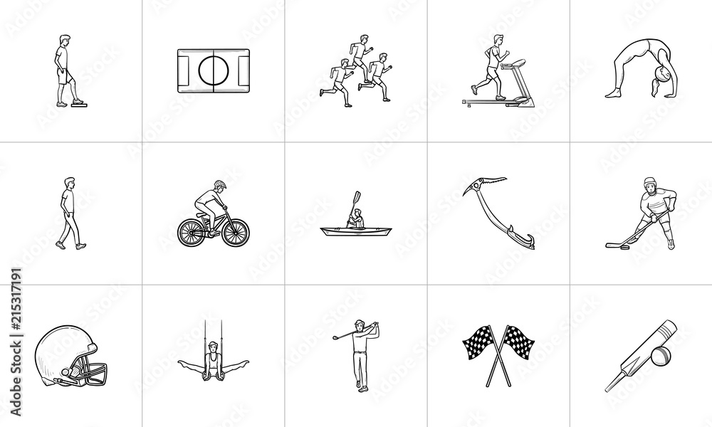 Sports hand drawn outline doodle icon set. Outline doodle icon set for print, web, mobile and infographics. Fitness, outdoor sport vector sketch illustration set isolated on white background.