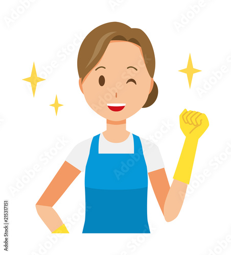 A woman wearing a blue apron and rubber gloves is winking and raised one hand