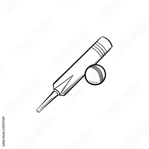 Cricket ball and bat hand drawn outline doodle icon. Recreation, cricet competition, sport equipment concept. Vector sketch illustration for print, web, mobile and infographics on white background.