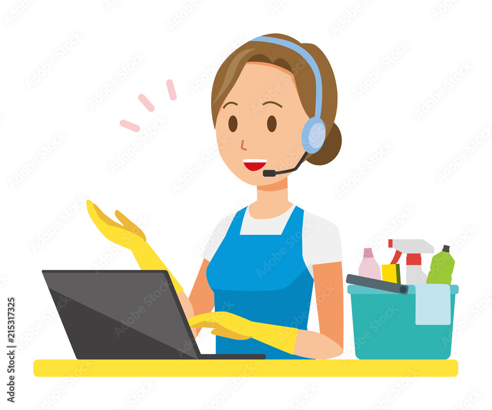 A woman wearing a blue apron and rubber gloves is talking with a headset A woman wearing a blue apron and rubber gloves is talking with a headset