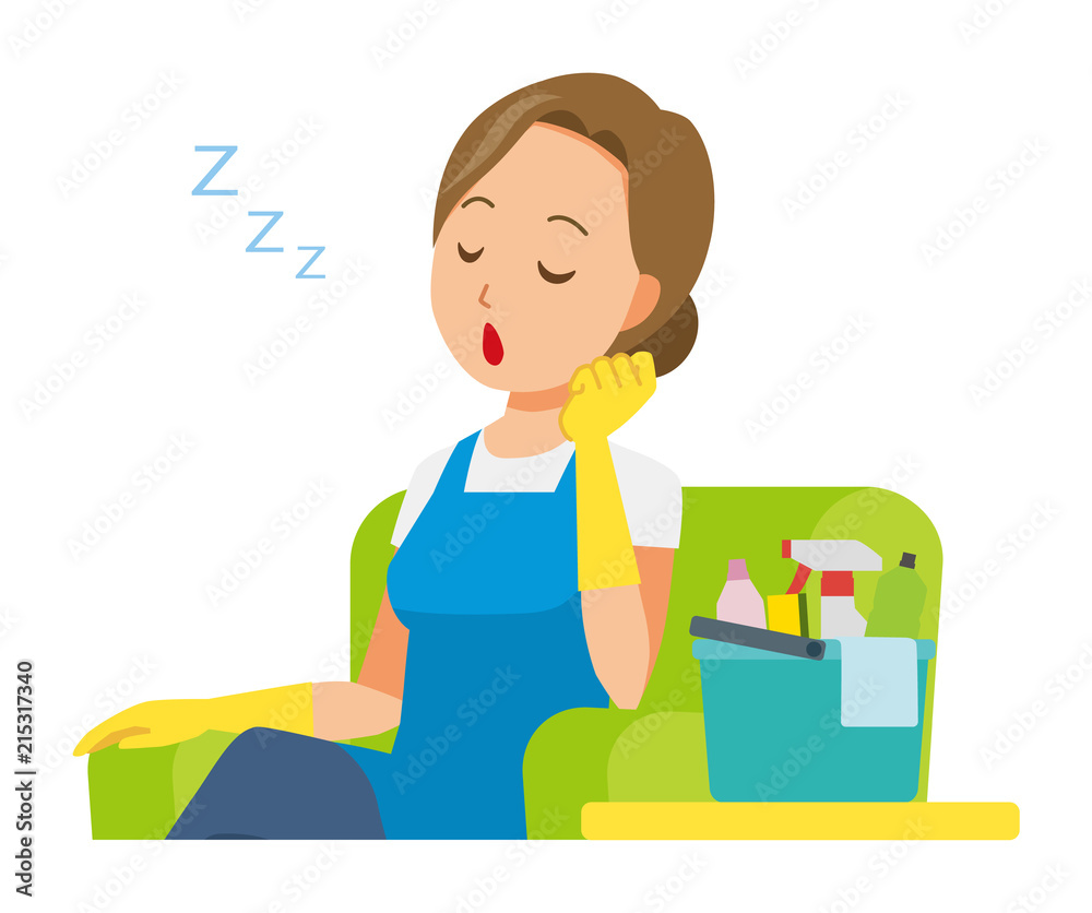A woman wearing a blue apron and rubber gloves is falling asleep sitting on the sofa