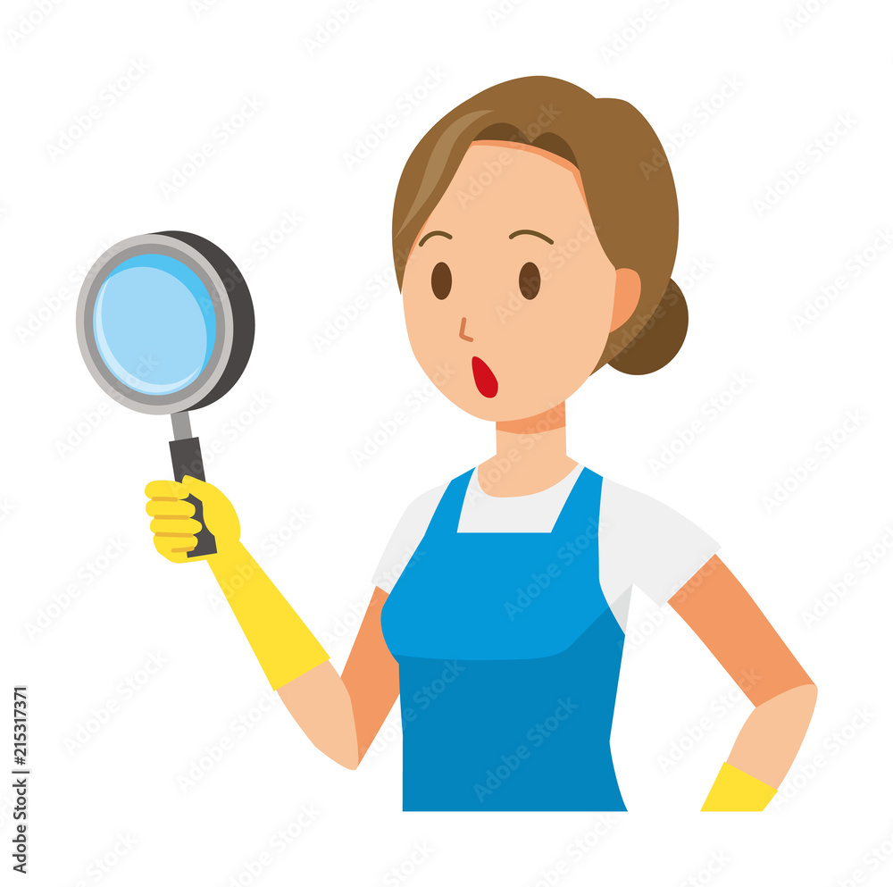 A woman wearing a blue apron and rubber gloves has a magnifying glass A woman wearing a blue apron and rubber gloves has a magnifying glass