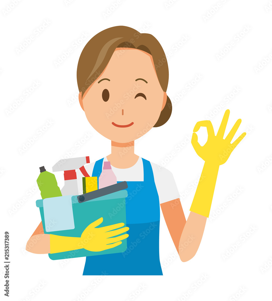 A woman wearing a blue apron and rubber glove is playing an okay sign, holding some cleaning tools A woman wearing a blue apron and rubber glove is playing an okay sign, holding some cleaning tools
