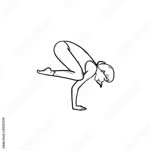 Woman doing yoga in crow pose hand drawn outline doodle icon