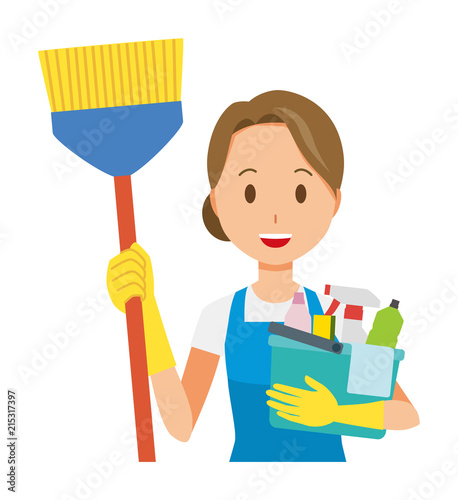 Women wearing blue aprons and rubber gloves have several cleaning tools