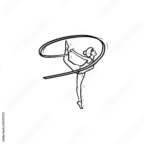 Young gymnast woman standing on one leg with ribbon hand drawn outline doodle icon