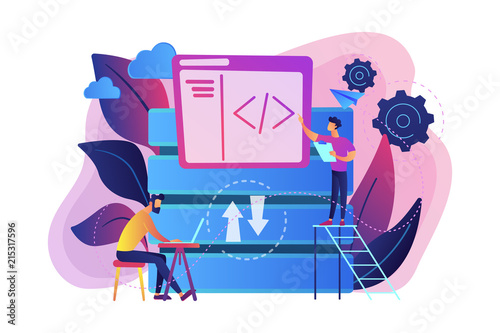 Two developers working with big data technology. Big data management and storage, database analytics and design, data software engineering concept, violet palette. Vector isolated illustration.