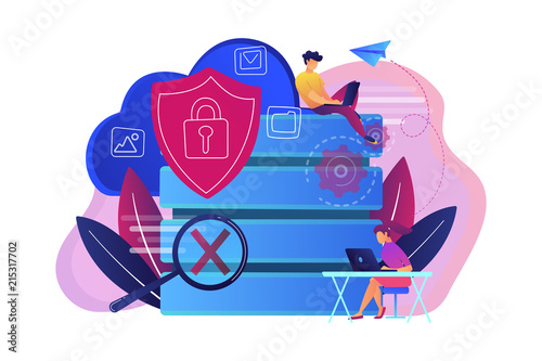 Protection shield with lock, magnifier and users working with protected data. Internet security, privacy and data protection, safe work concept, violet palette. Vector isolated illustration.
