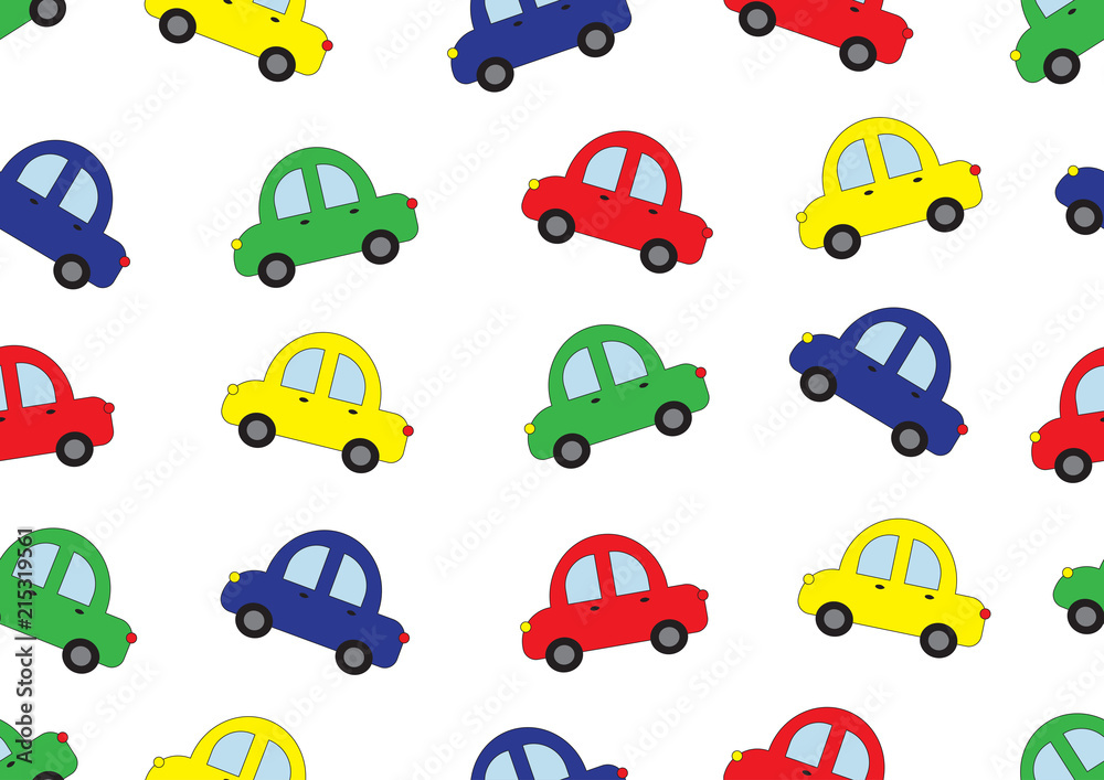 Fototapeta premium Cars cartoon in four colors background, seamless pattern, vector illustration.