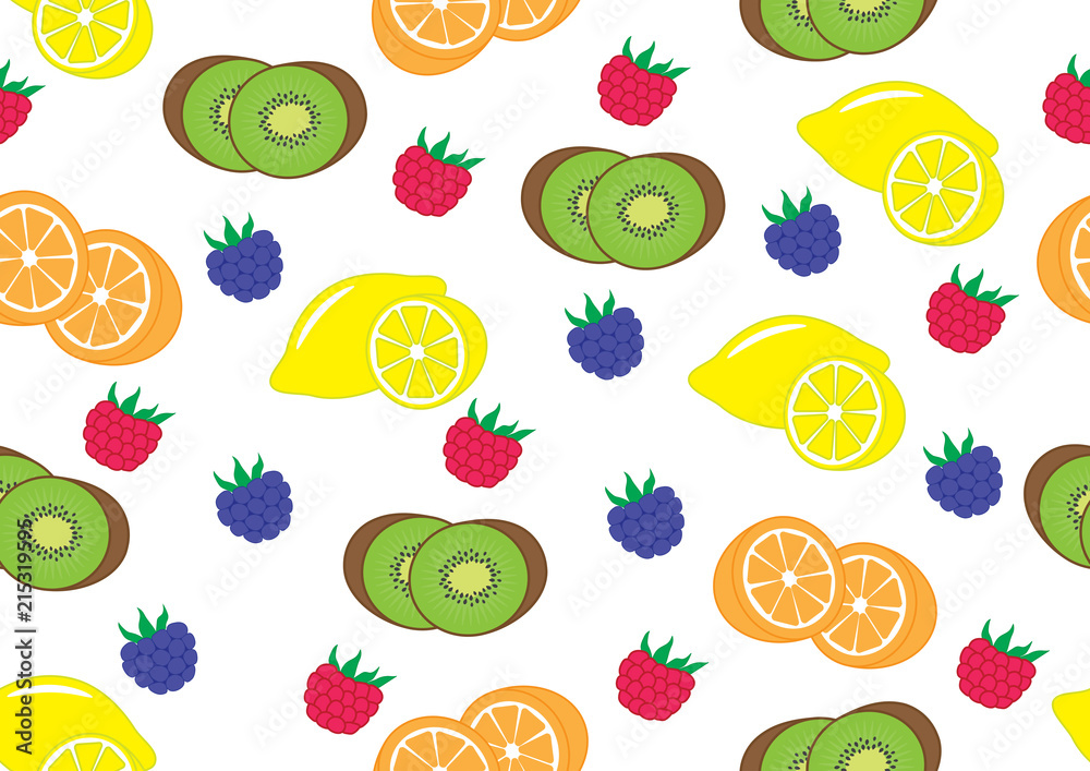 Fruits and berries (kiwi, lemon, orange, blackberry, raspberry) background, seamless pattern, vector illustration. Fruits and berries (kiwi, lemon, orange, blackberry, raspberry) background, seamless pattern, vector illustration.