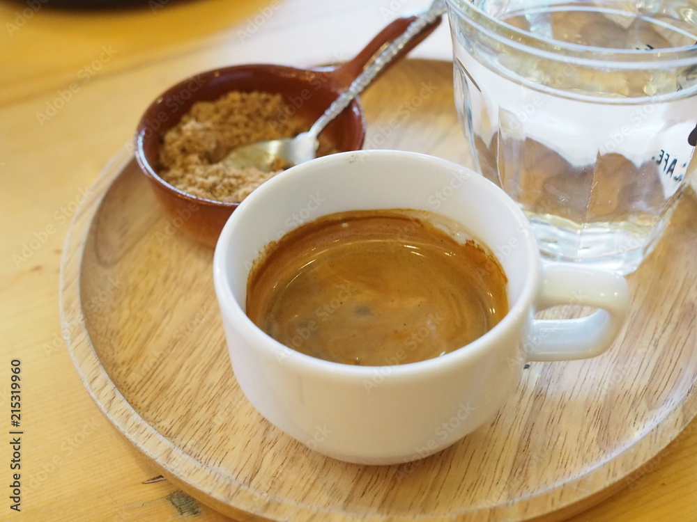 coffee set in plate wood on wooden table coffee set in plate wood on wooden table