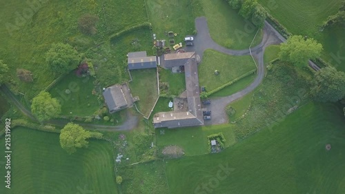 Drone zoom out of a farm house in the welsh countryside. photo