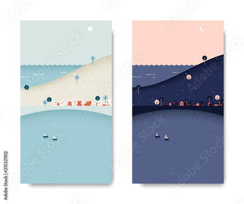 Sea view scenery landscape, small village with mountain and sea view, day and night time lapse, postcard template