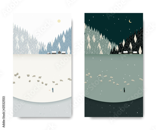 Winter scenery landscape, man tending his sheep below small village and pine forest, day and night time lapse, postcard template