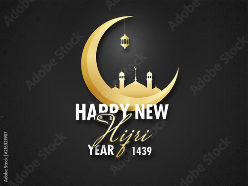 Shiny golden mosque on crescent moon for Happy New Hijri Year celebration concept background.