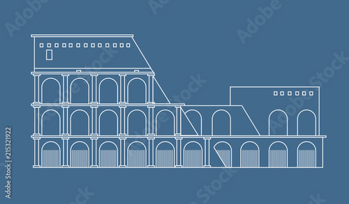 Coliseum flat outline white icon on blue background, vector eps10 illustration