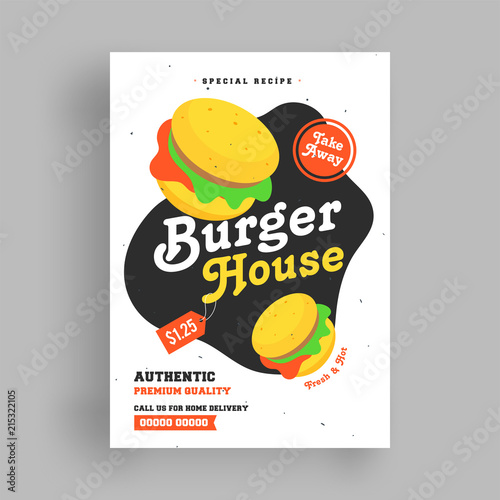 Burger House template or flyer design with fast food illustration.