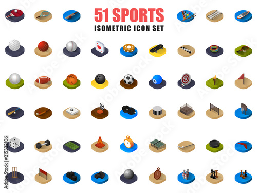 Isometric illustration of 51 color icon set for sport or tournament concept.