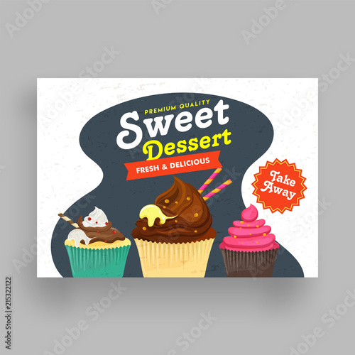 Sweet Dessert flyer design with illustration of sweets and cupcakes.