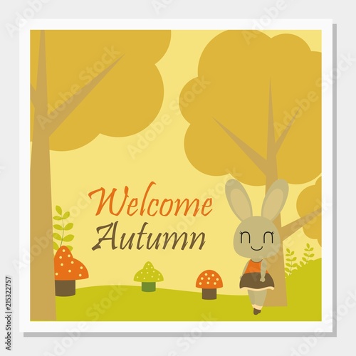 Bunny girl under Autumn tree vector cartoon illustration for Autumn greeting card design, postcard, and wallpaper