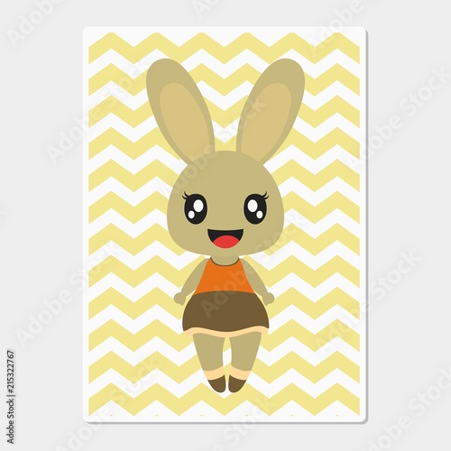 Cute bunny girl smiles on chevron background vector cartoon illustration for baby nursery wall, wallpaper and postcard