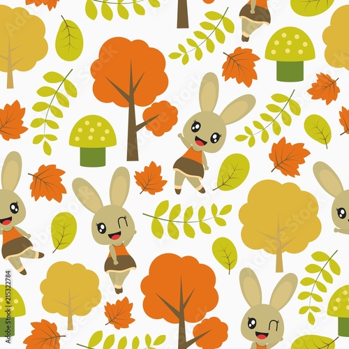Seamless pattern of cute bunny and Autumn elements vector cartoon illustration for kid wrapping paper, kid fabric clothes, and wallpaper